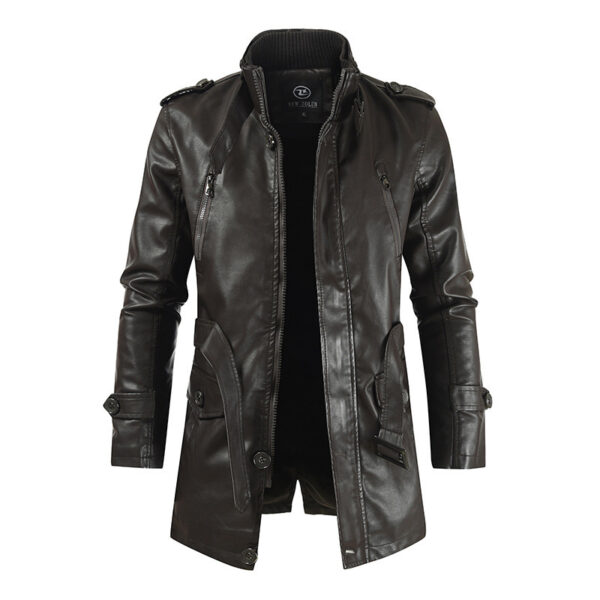 Men's Mid-length Leather Coat Stand Collar Fleece-lined Thickened - Image 3