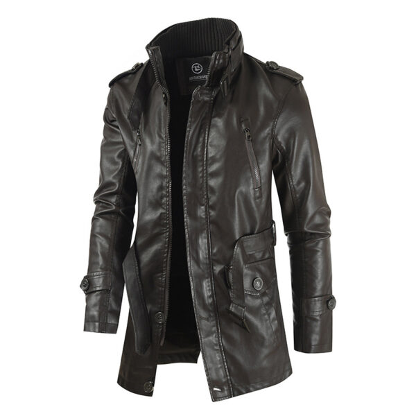 Men's Mid-length Leather Coat Stand Collar Fleece-lined Thickened - Image 7