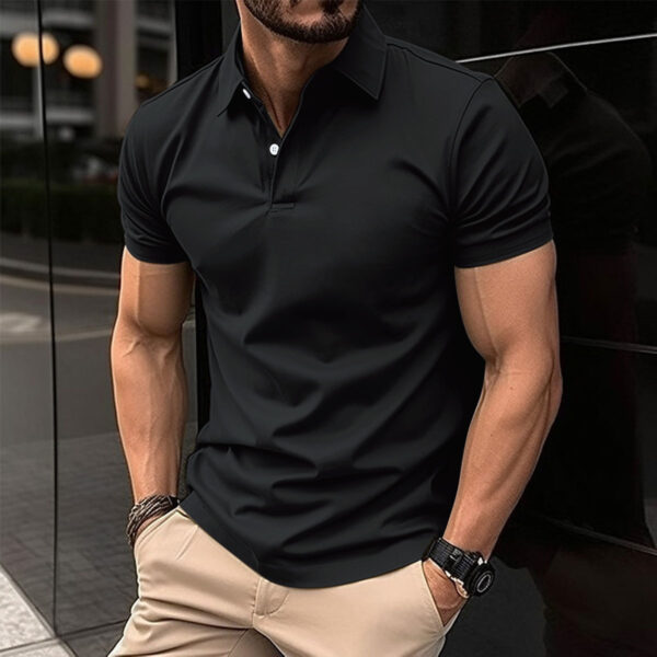 Summer Short Sleeve Polo Shirt Men Solid Color Button Lapel Button Top - Image 3