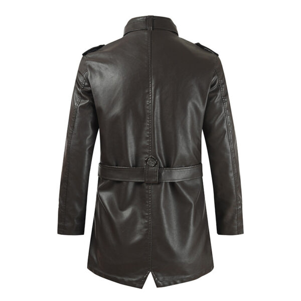 Men's Mid-length Leather Coat Stand Collar Fleece-lined Thickened - Image 2