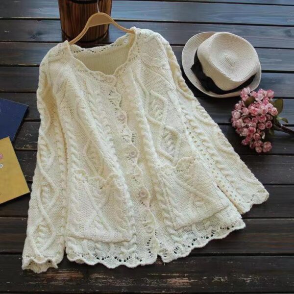 Fresh Mori Women's Hollow Linen Lace Buttons Knitted - Image 3