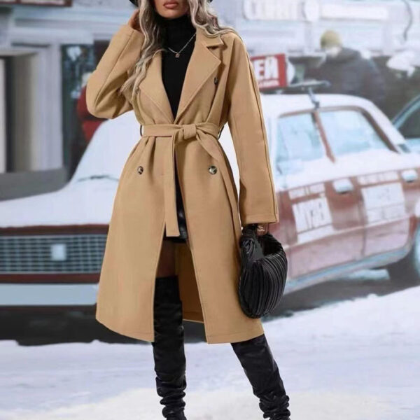 Lapel Double-breasted Trench Coat With Belt Winter Fashion Solid Color Long Jacket Outwear Women Clothing - Image 6