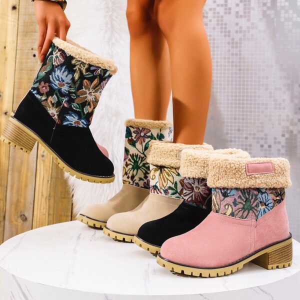 Flowers Embroidered Snow Boots Ethnic Style Platform Thick Square Heel Mid-tube Boot Winter Warm Cotton Shoes For Women - Image 3